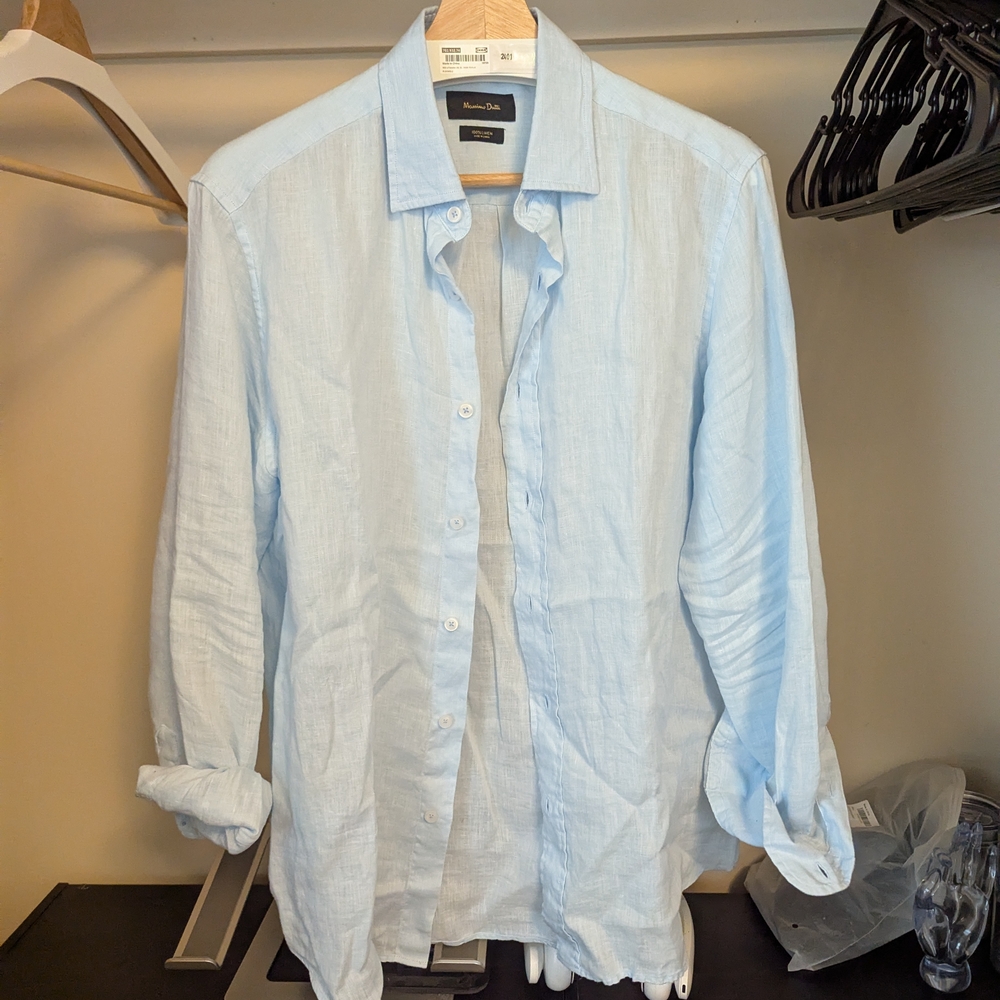 Massimo Dutti Light Blue Casual Button Down 100% Linen Shirt